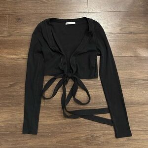 ZARA Black Ribbed Tie-Front Top